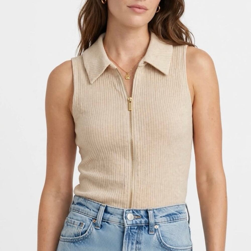 Design History Delia Zip Front Collared Knit Top - Color Tan - Size L